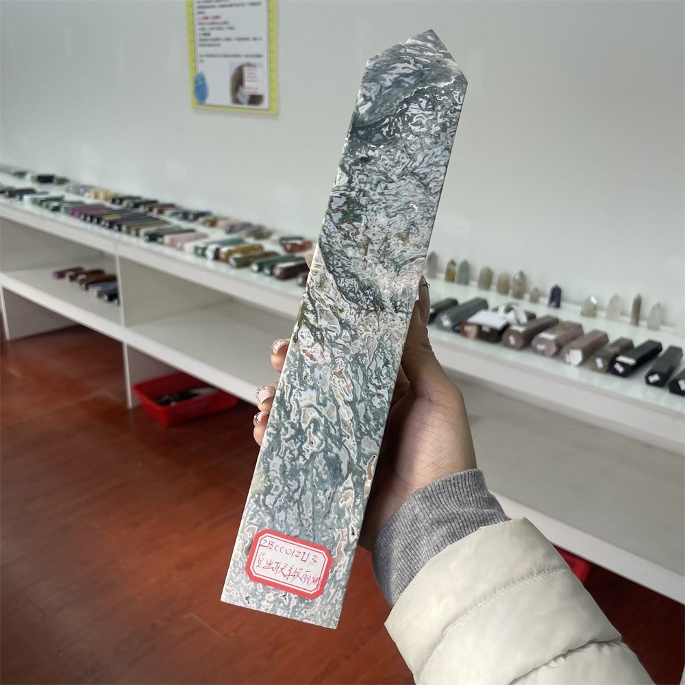 3.4LB 12.2″ Natural Moss Agate Obelisk Tower Crystal Quartz Point Mineral Reiki