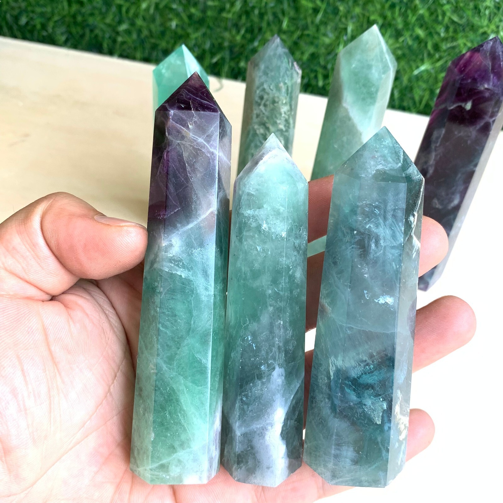 7pcs Natural fluorite quartz obelisk crystal wand point healing 60-100mm