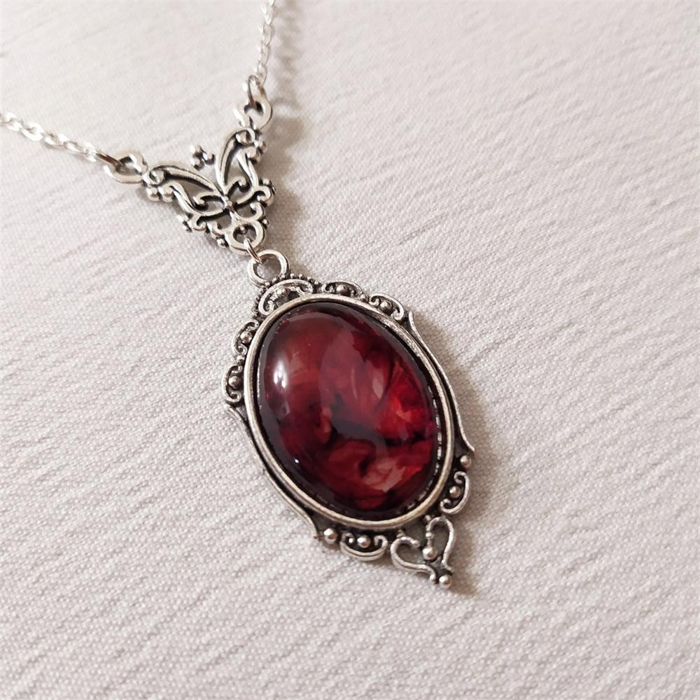 Gothic Blood Red Quartz Vampire Oval Pendant Necklace Witch Vintage Choker