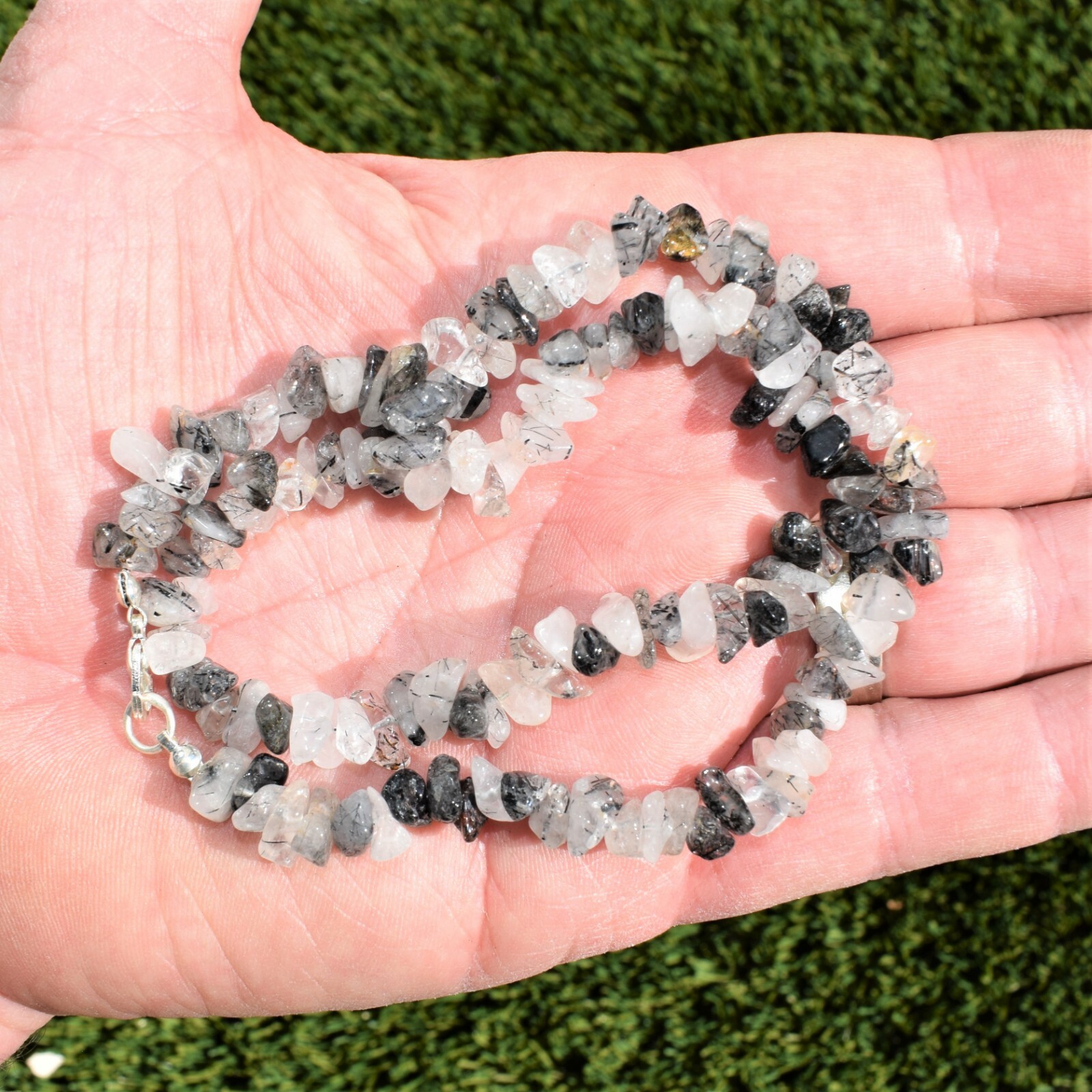 CHARGED 18″ Black Tourmalinated Rutile Quartz Crystal Necklace + Selenite Heart