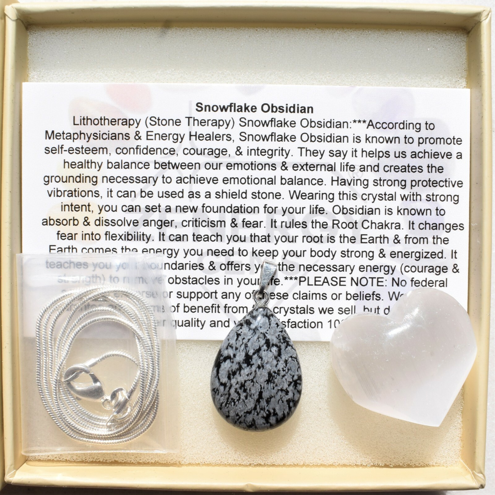 Charged Natural Snowflake Obsidian Teardrop Pendant + 20″ Stainless Steel Chain
