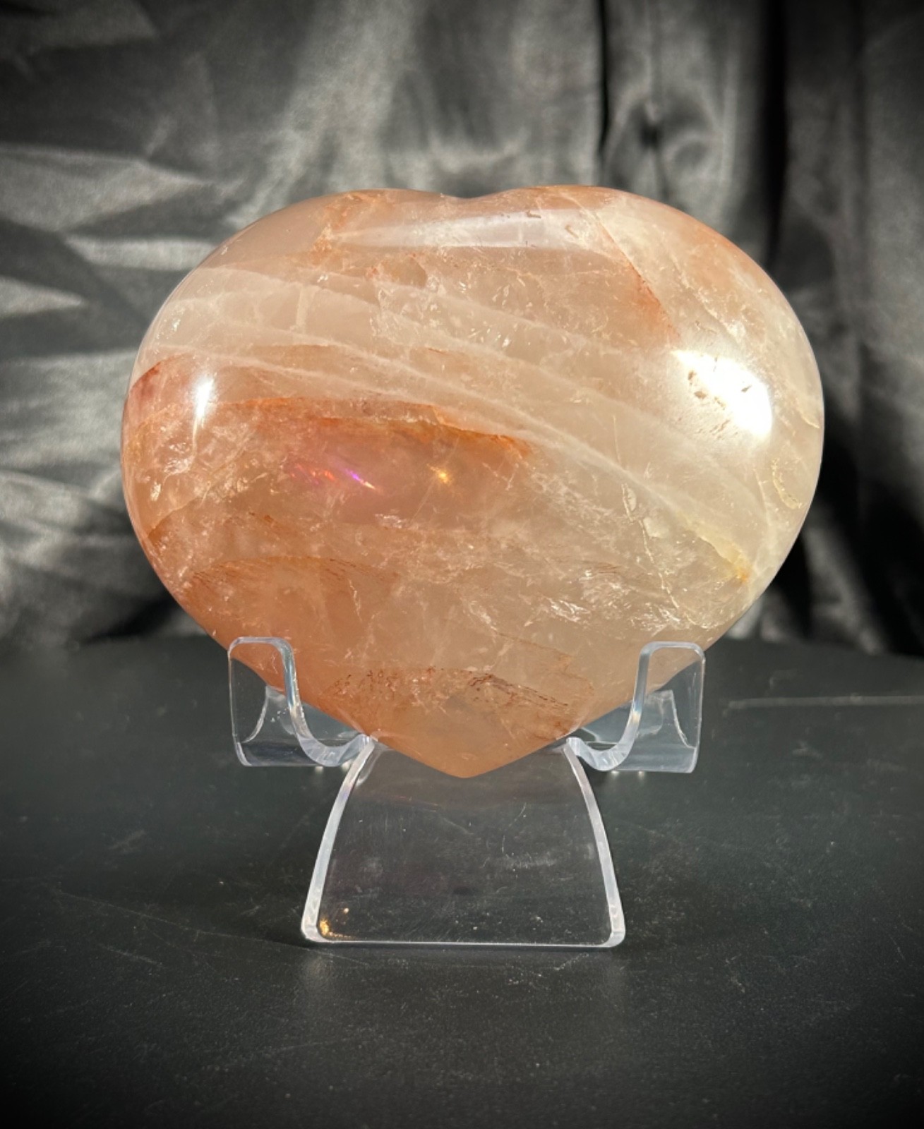 3.63″ Hematoid Quartz Heart Carving With Acrylic Stand 1lb 1.2oz