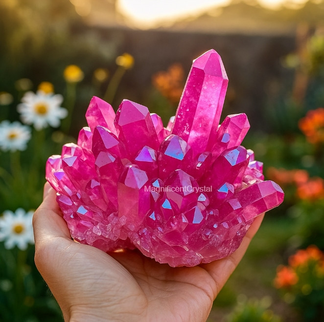 Angel Aura Pink Crystal Cluster Titanium Pink Quartz Gemstone Mineral Specimen