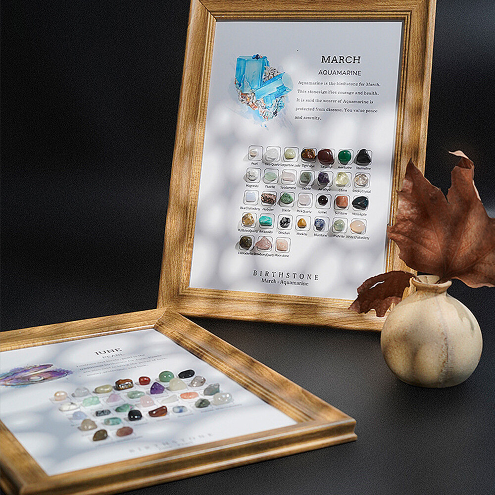 Birthstone 12 Months Birthday Stone Wood Photo Frame Crystal Healing Reiki gifts