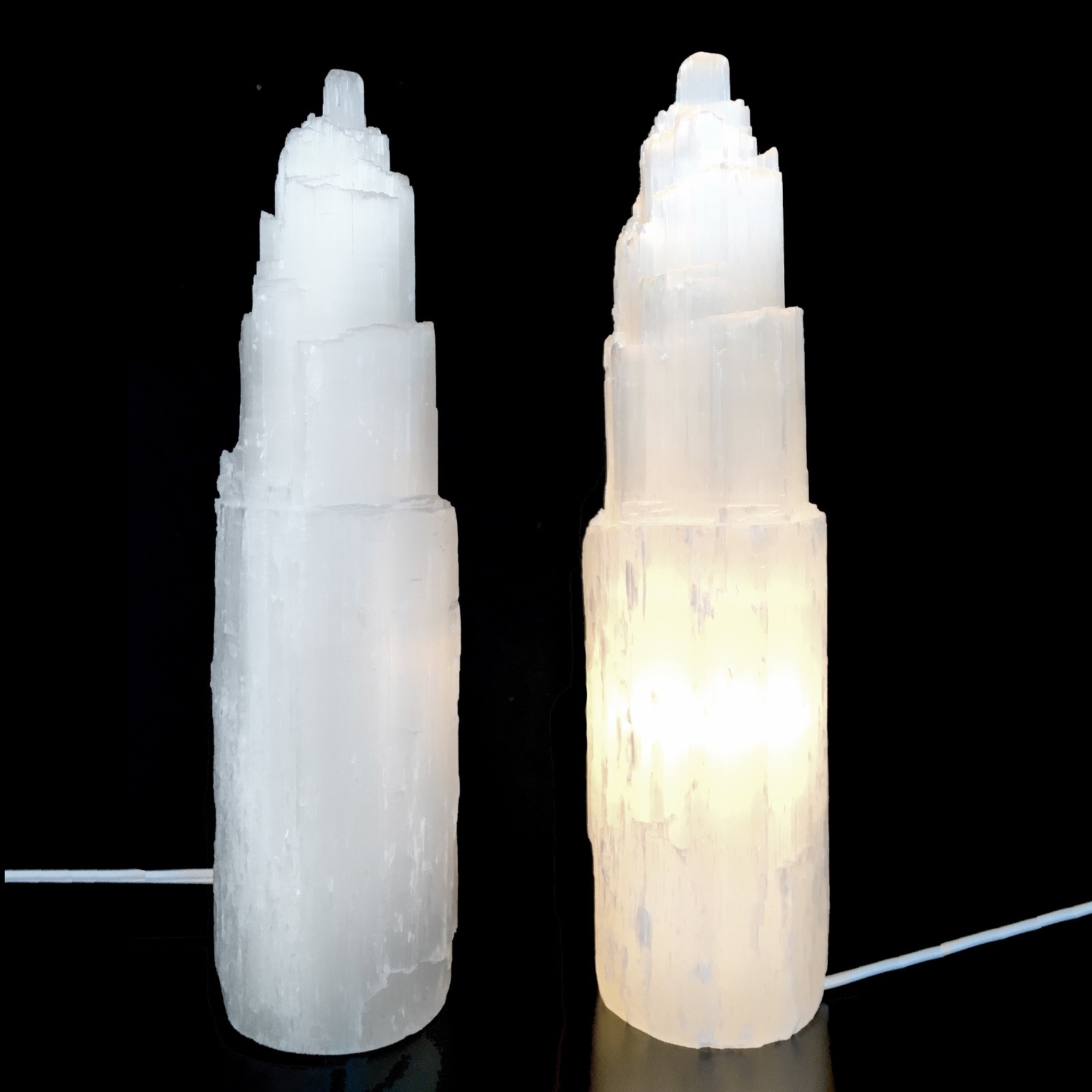 XL Selenite Crystal Tower Lamp ” White Natural Light 14″ Stone Desk Lamp Handmad