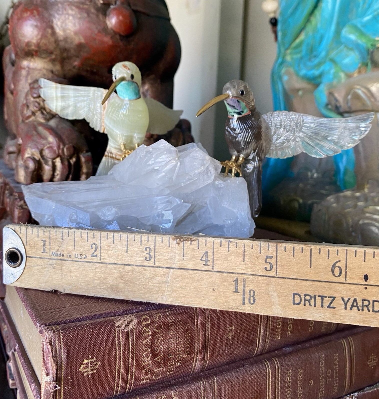 Peter Muller Hand Carved Smokey Quartz, Marble, Quartz Hummingbirds On Quartz