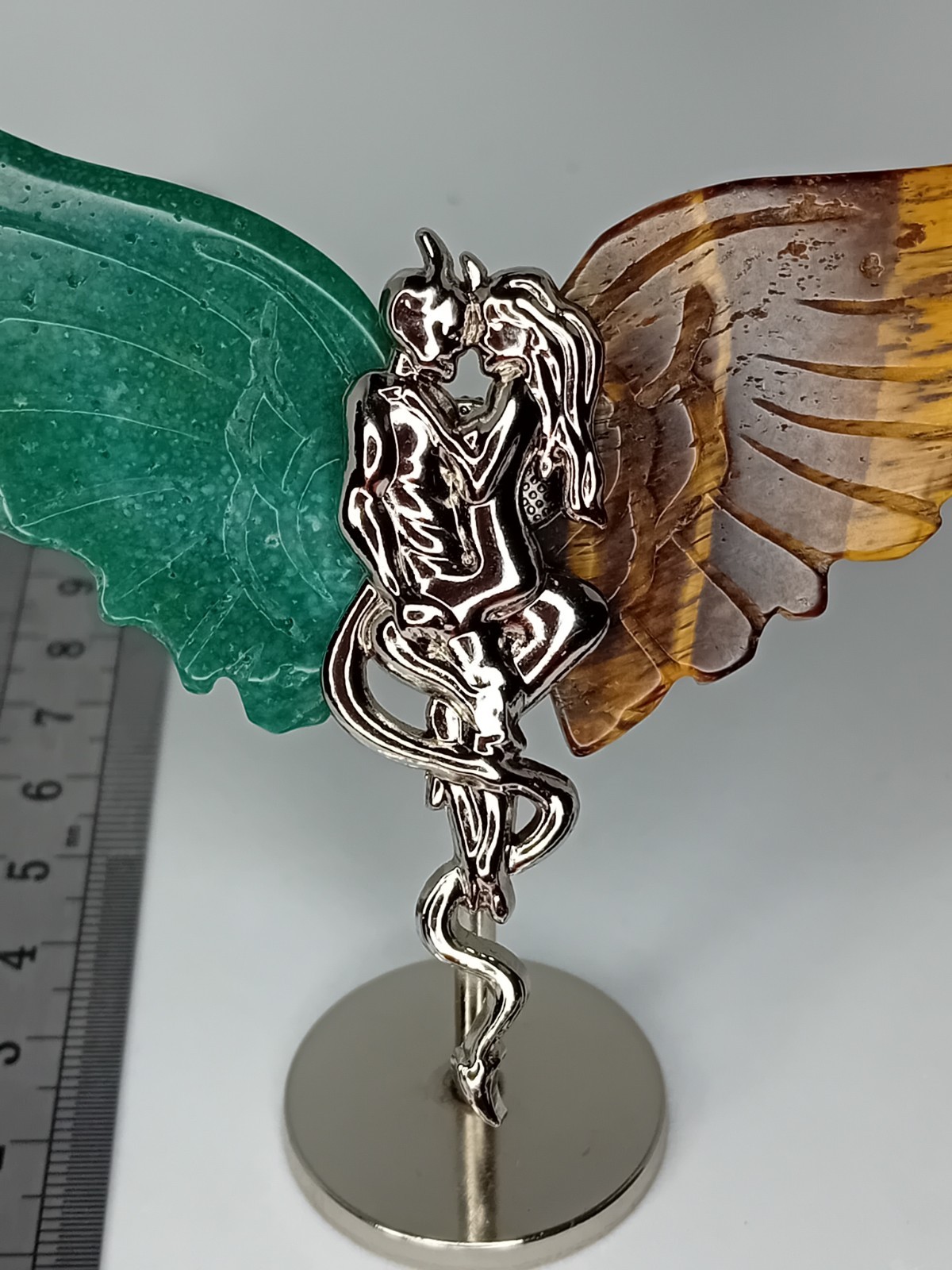 Green Aventurine & Tigers Eye Carved Crystal Angel Devil Wings Stand Collectable