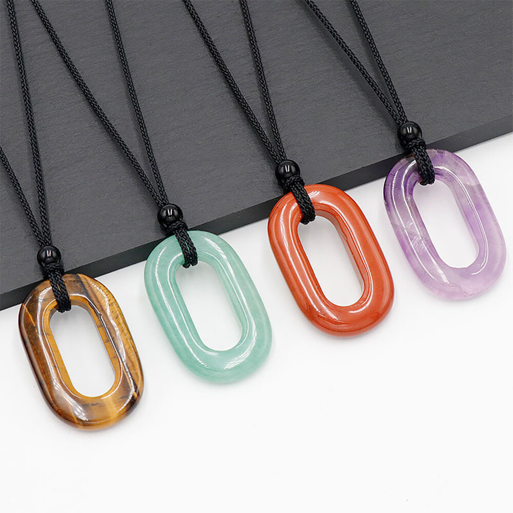 Hollowed Oval Necklace Natural Crystal O Shape Gemstone Pendant Carved Handmade