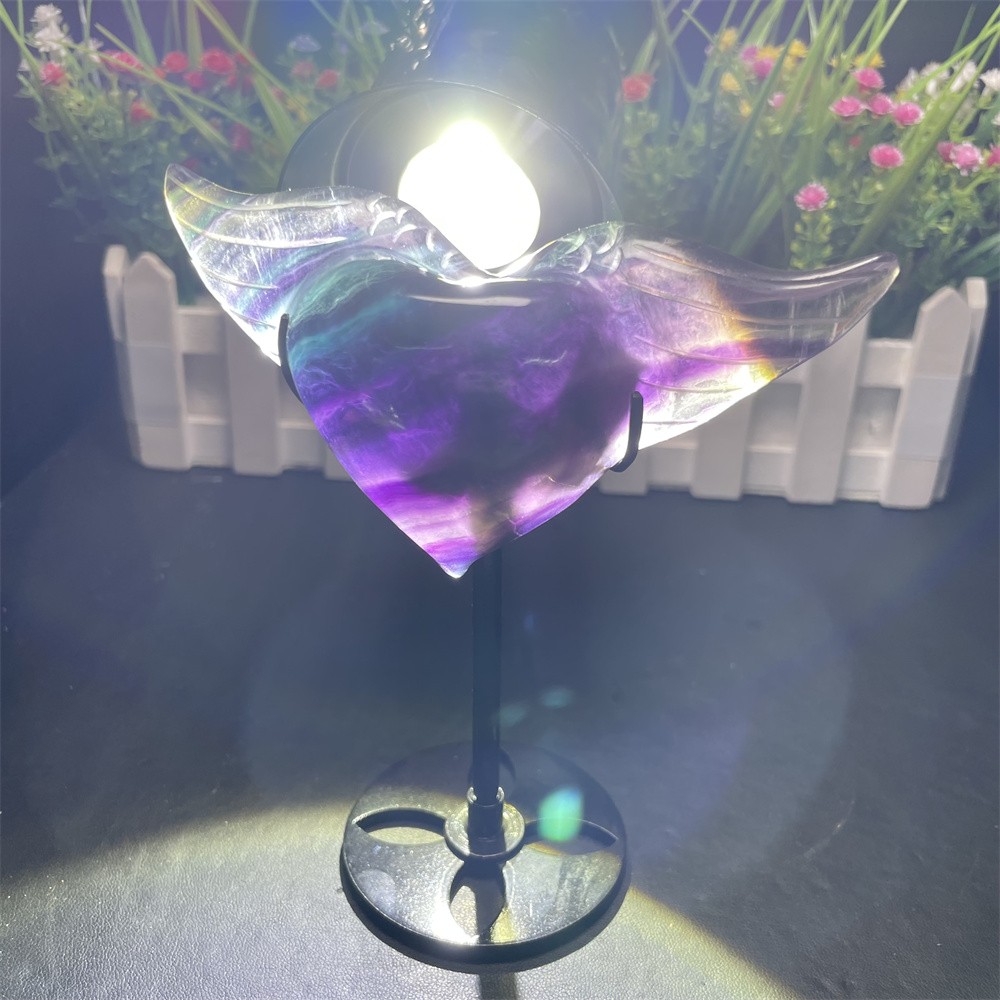 0.6LB 5.3″ A++Natural Rainbow Fluorite Love Wings Ornament Reiki Crystal Quartz