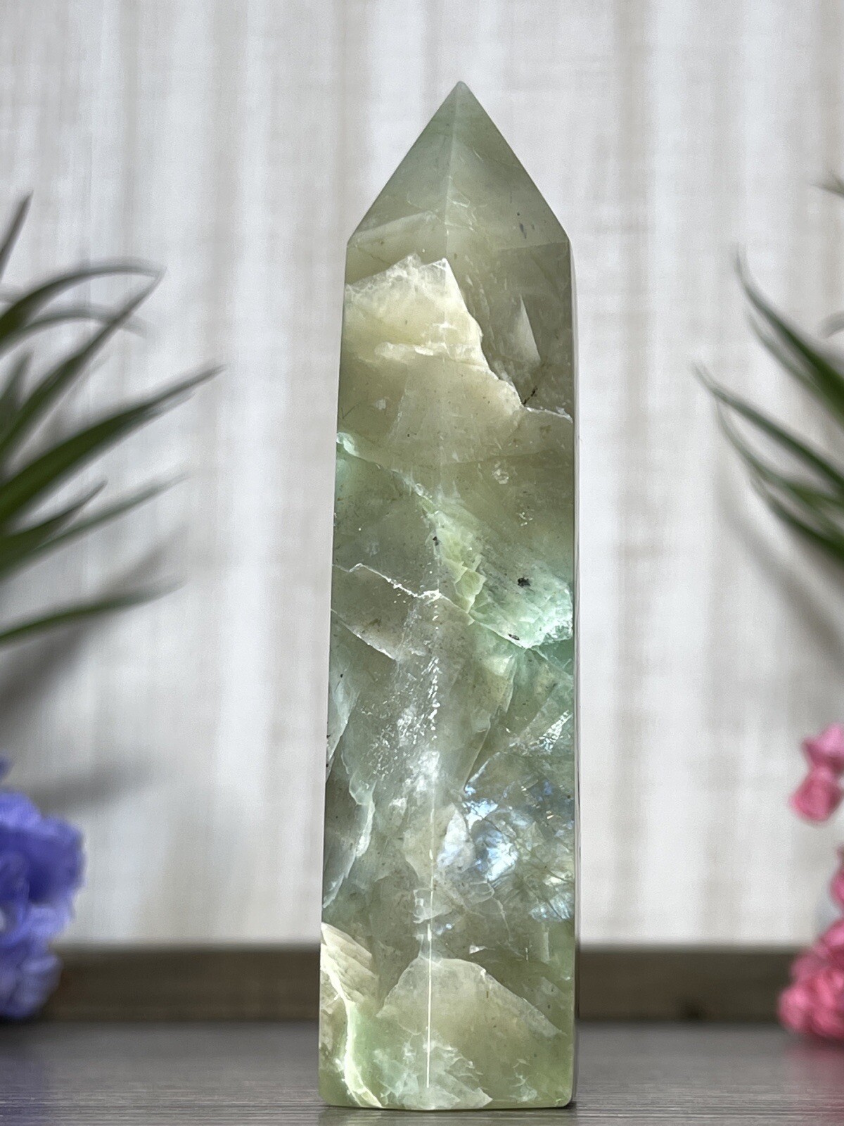 GREEN MOONSTONE TOWER – Blue Flash Garnierite Crystal Mineral Point Witch Wiccan