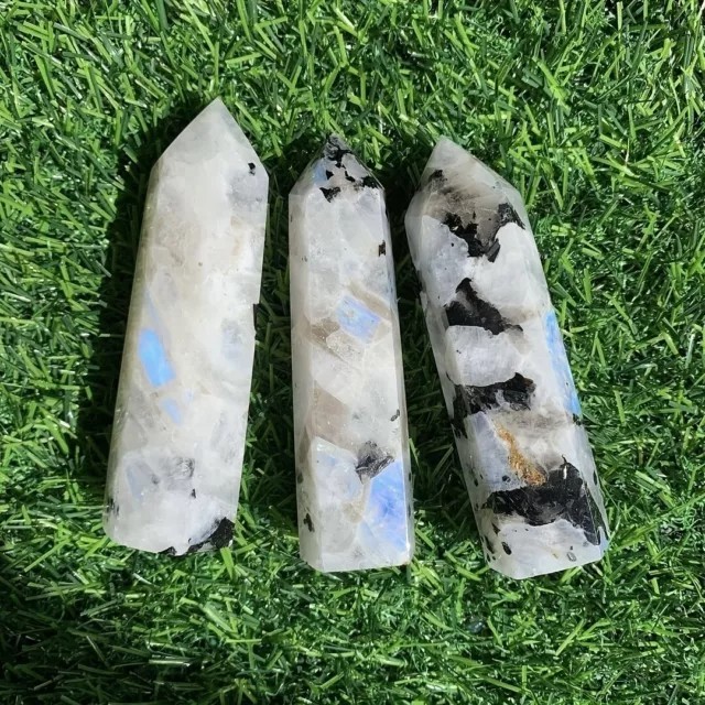 Natural Moonstone Tower Rainbow Healing Crystal Wand Obelisk Home Decor Specimen