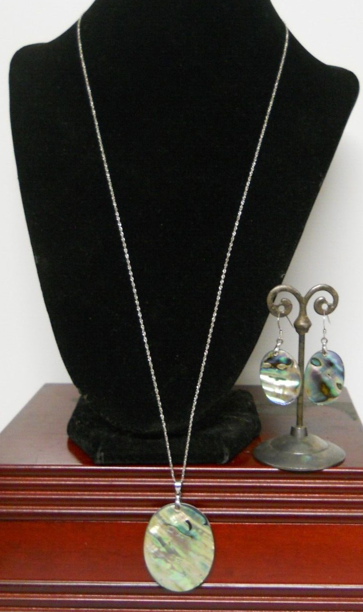 24″ Sterling Silver Necklace Authentic Abalone Shell & Earrings Jewelry Set #680