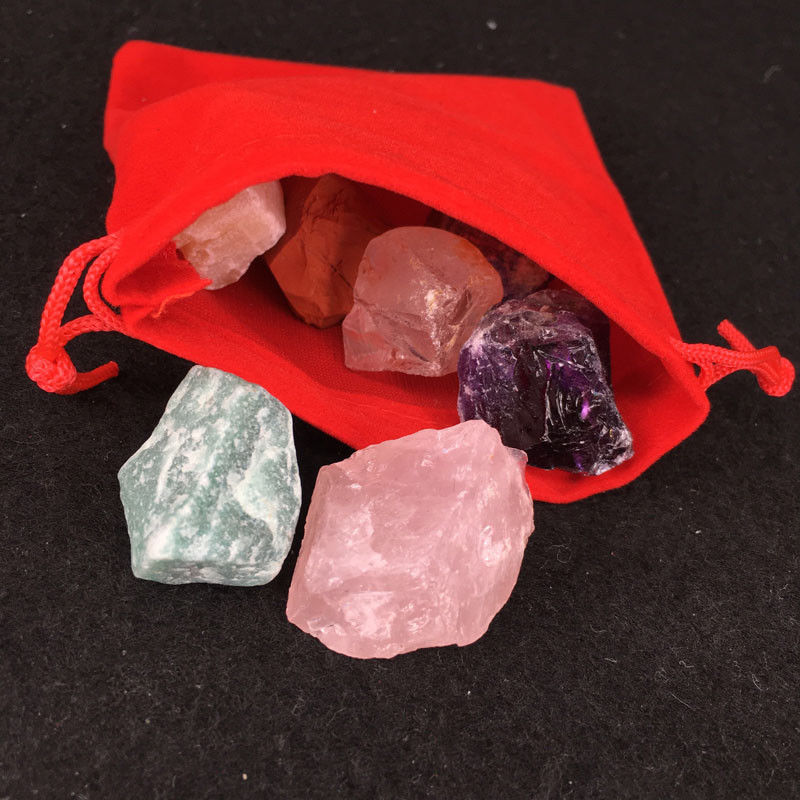 7 Stones Chakra Set Seven Medium Rough Natural Raw Crystal Kit & Pouch