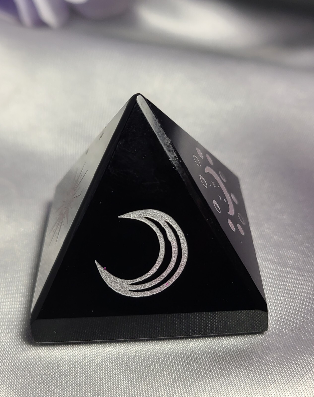 1.7″ Black Obsidian Sphere Crystal Pyramid Silver Engraved Moon & Stars Wiccan