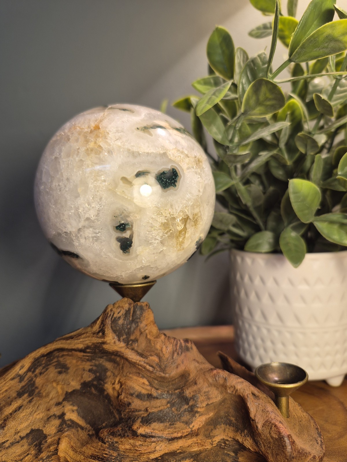 Large Green Moss Agate Sphere With Druzys