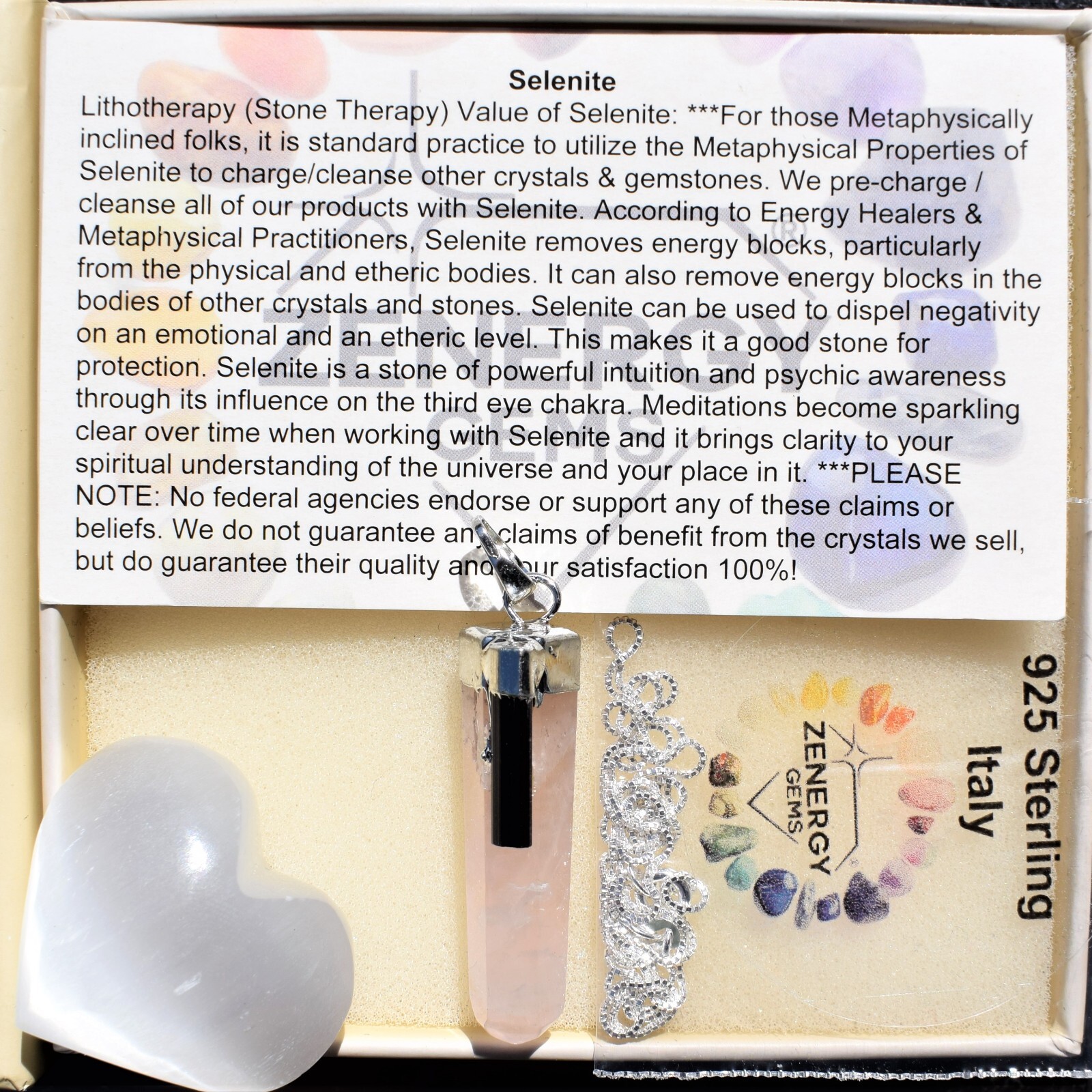 Charged Rose Quartz + Black Tourmaline Pendant + 20″ 925 Chain + Selenite Heart
