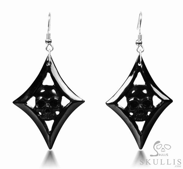 Black Onyx Carved Crystal Skull Earrings