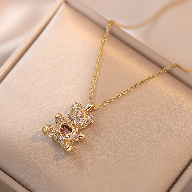 Women’s Fashion Jewelry Cubic Zircon Gold/Silver Bear Pendant Necklace Gift