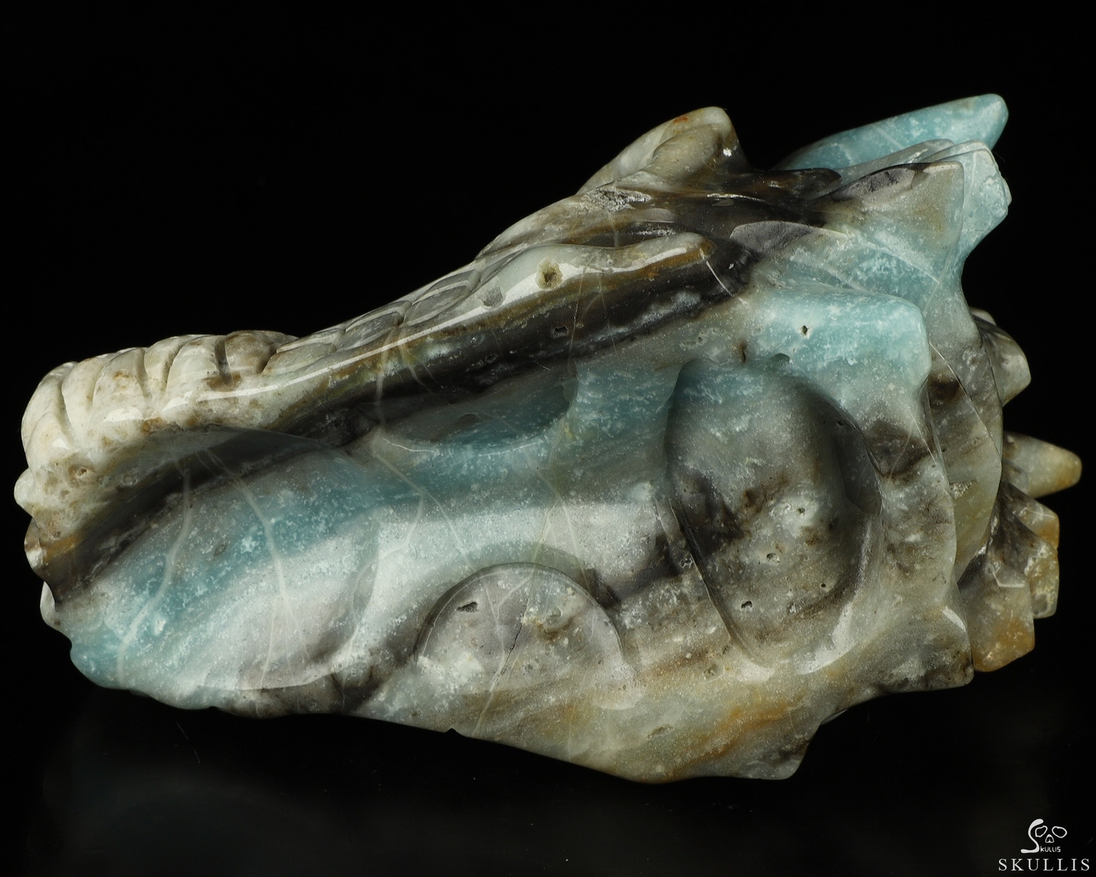 5.0″ Chinese Amazonite Hand Carved Crystal Dragon Skull Sculpture, Healing
