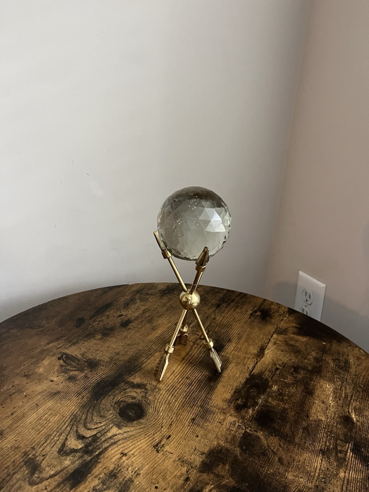 India Facted Crystal Sphere Prism With Flat Base W/ Brass Stand Multi Faceted