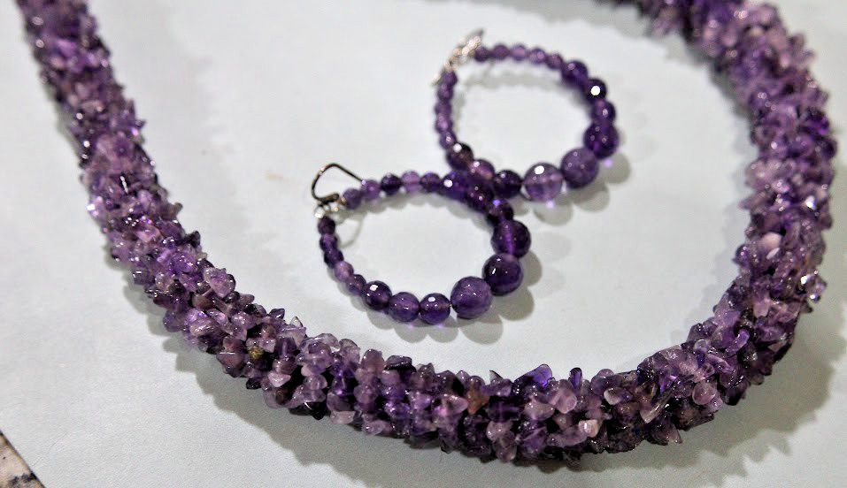 Vintage Natural Amethyst Chip Statement Necklace Bracelet Hoop Earrings Jewelry