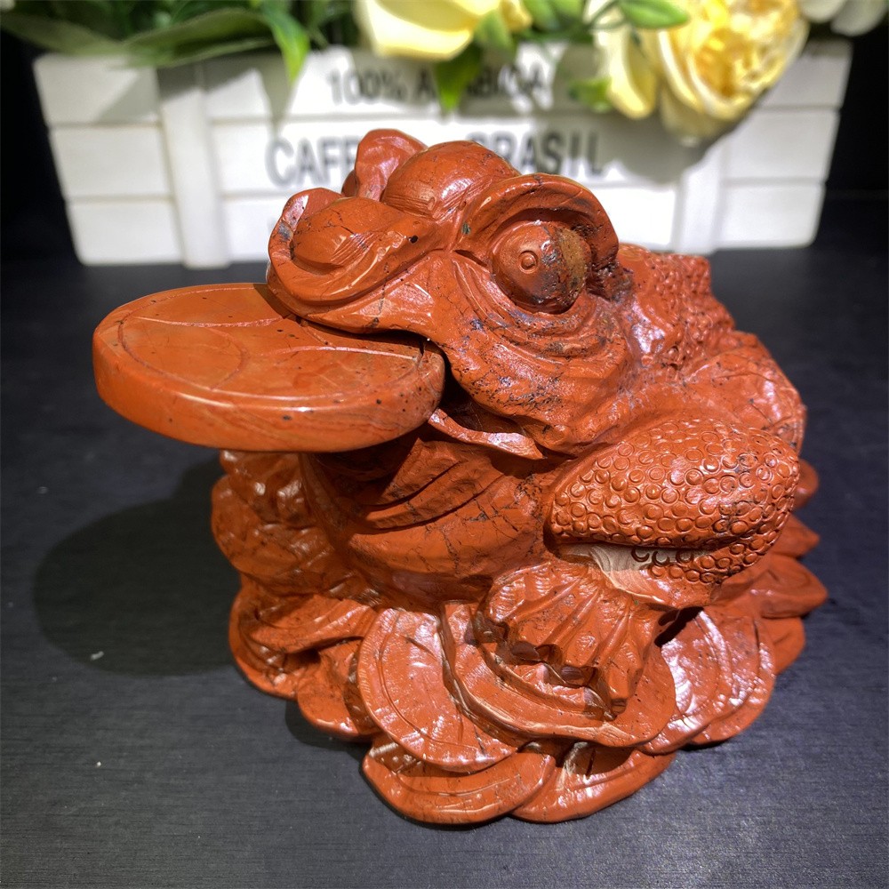 3LB 4.2″Natural A+Red Jasper Golden Toad Statue Crystal Reiki Carving Decor