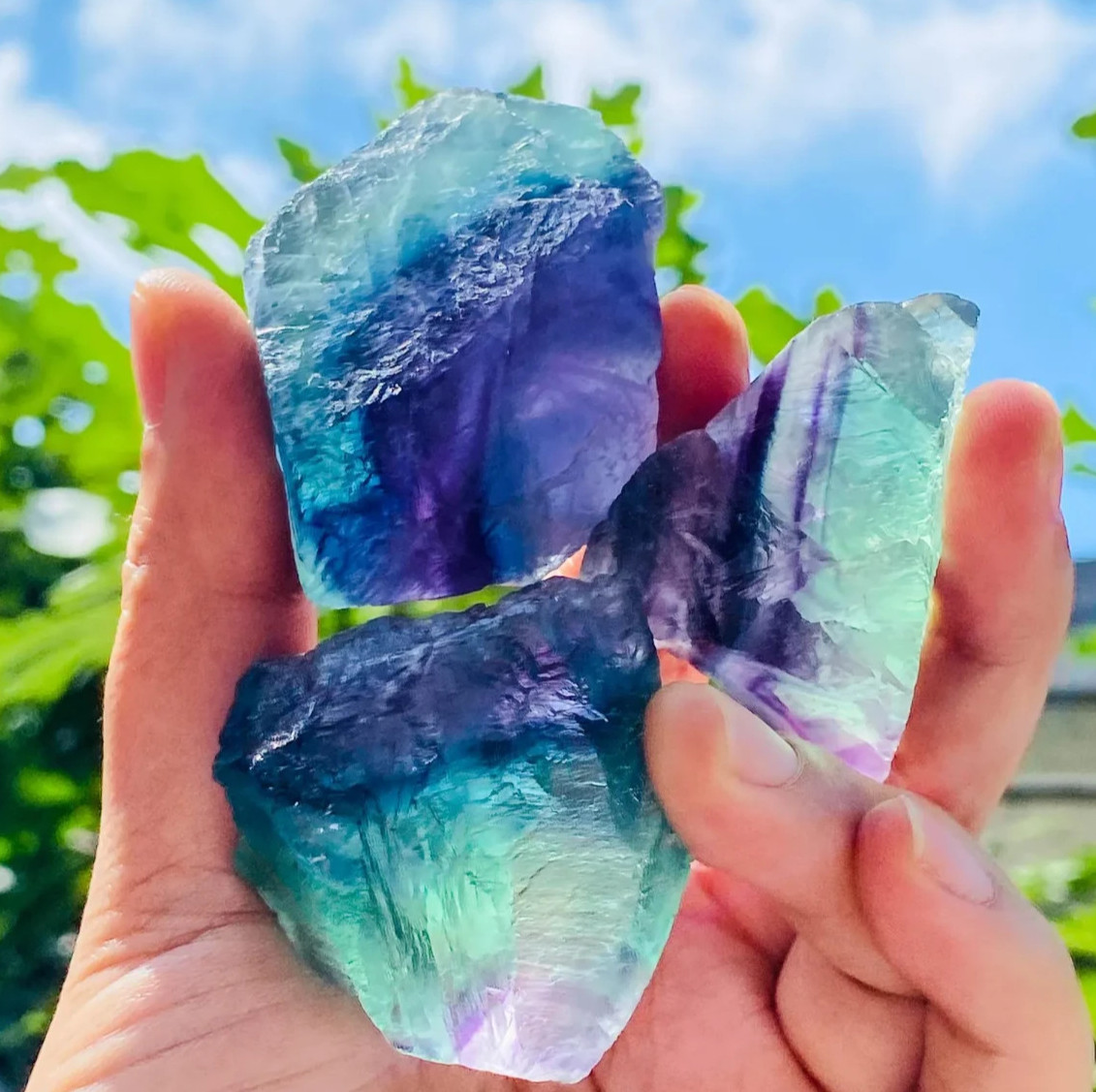 3PCS Raw Rainbow Fluorite Stone Natural Rough Pocket Crystals Mineral Specimens