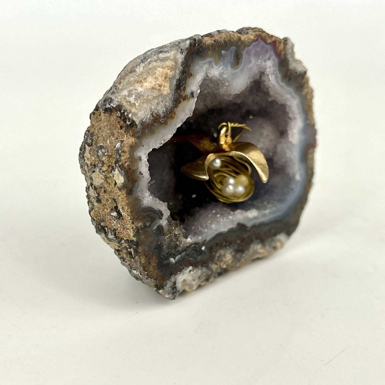 OOAK Genuine Natural Geode Crystal w/ Brass Mini Bird & Nest Figurine Unique Art