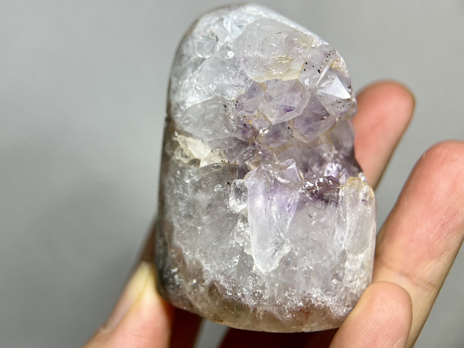 Natural cute light purple amethyst geode crystal, hematite inclusion & rainbows