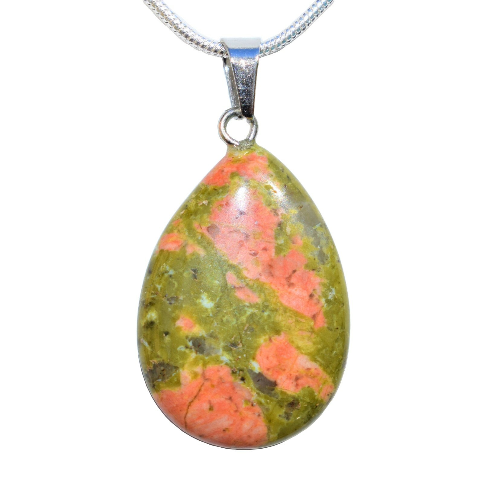 Charged Natural Unakite Teardrop Pendant + 20″ Stainless Steel Chain + Charger