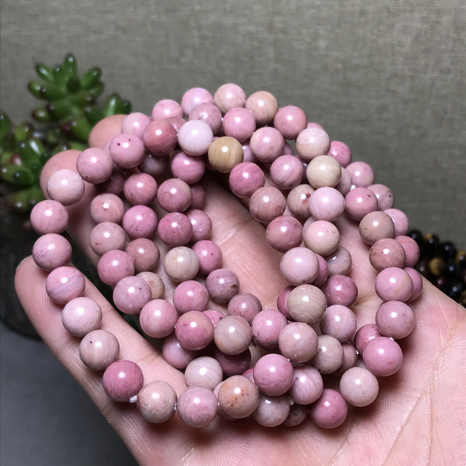 5Pcs Wholesal Natural Redwood pattern Pink bracelets Crystal ball sphere 8mm
