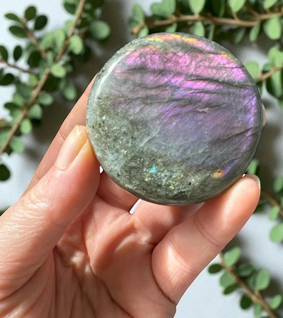 Sunset Flash Labradorite Flat Worry/Palm Stone: Vivid Pink, Purple & Orange