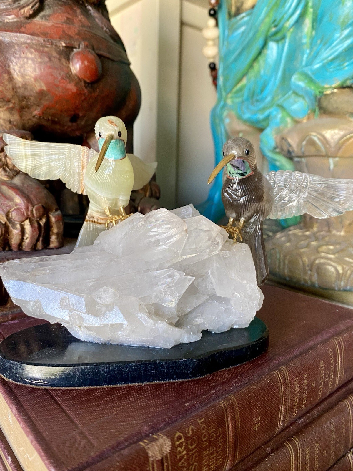 Peter Muller Hand Carved Smokey Quartz, Marble, Quartz Hummingbirds On Quartz