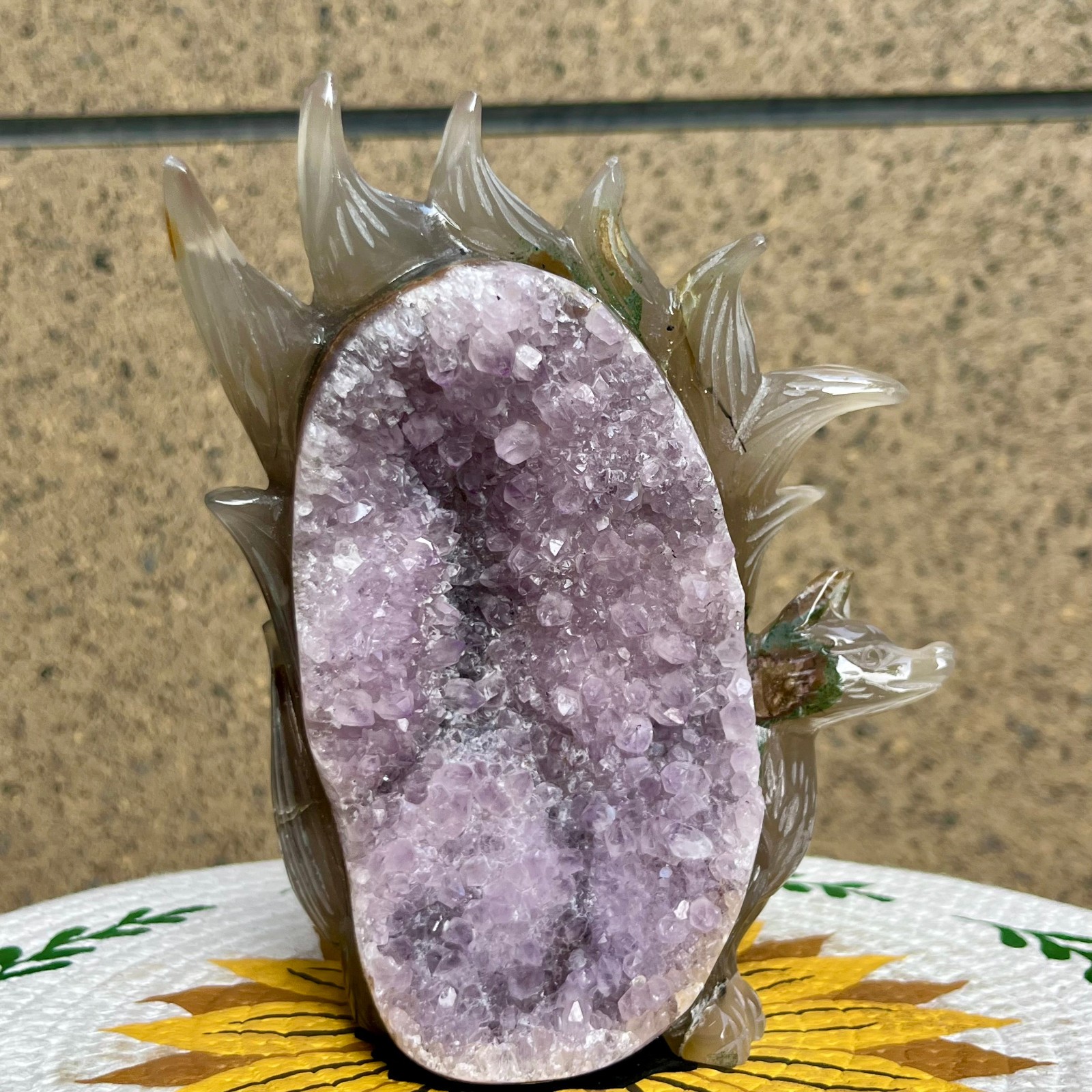 2.5 lb Unique Agate Geode Druzy Fox Carving Crystal Animal Collectible Art
