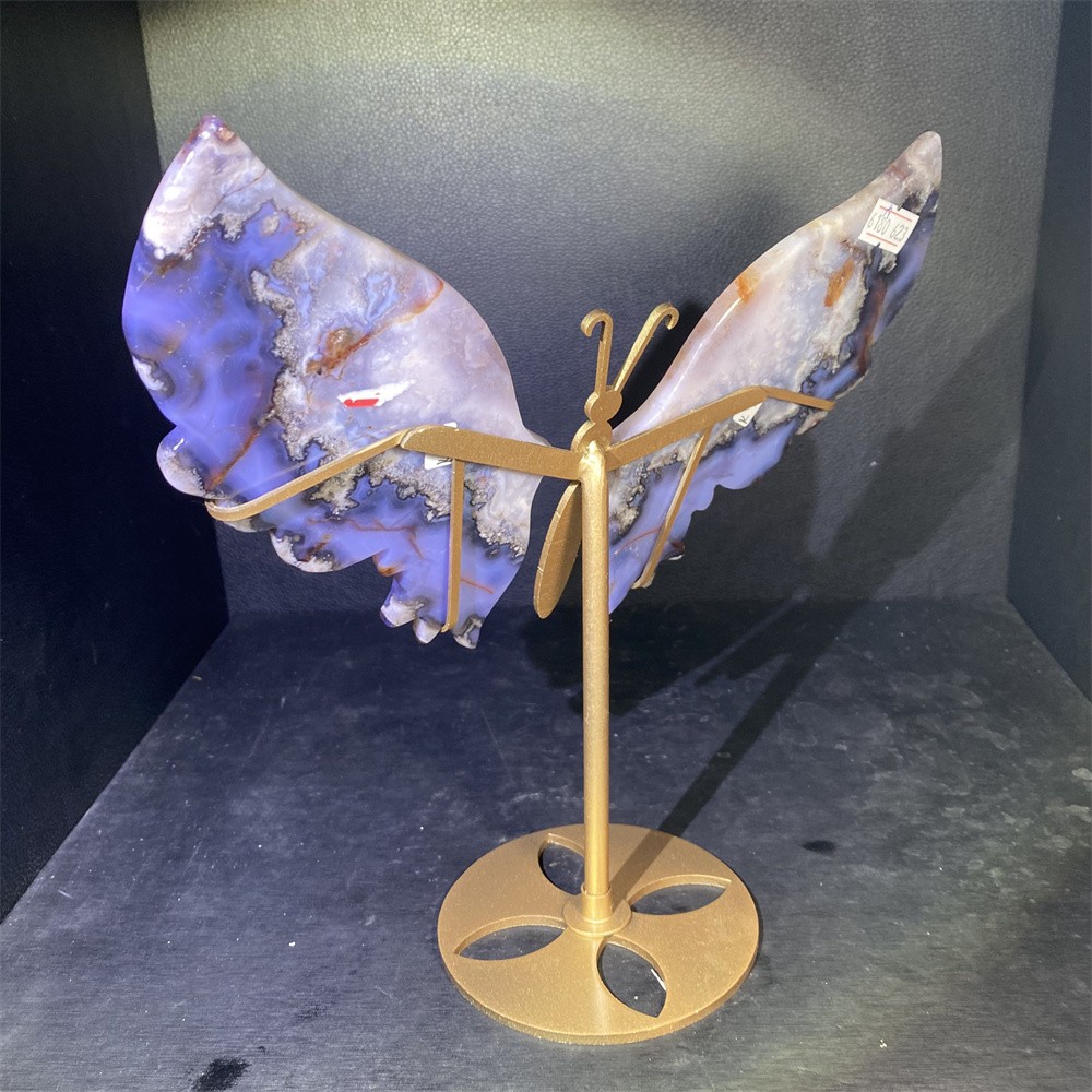1.2LB 9″ A++Blue Flower Agate Butterfly Statue Crystal Reiki Heal Carving Decor