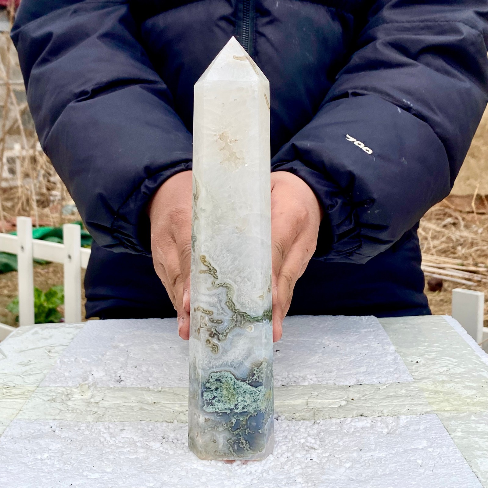 1.76LB Natural green moss agate quartz crystal obelisk aura healing