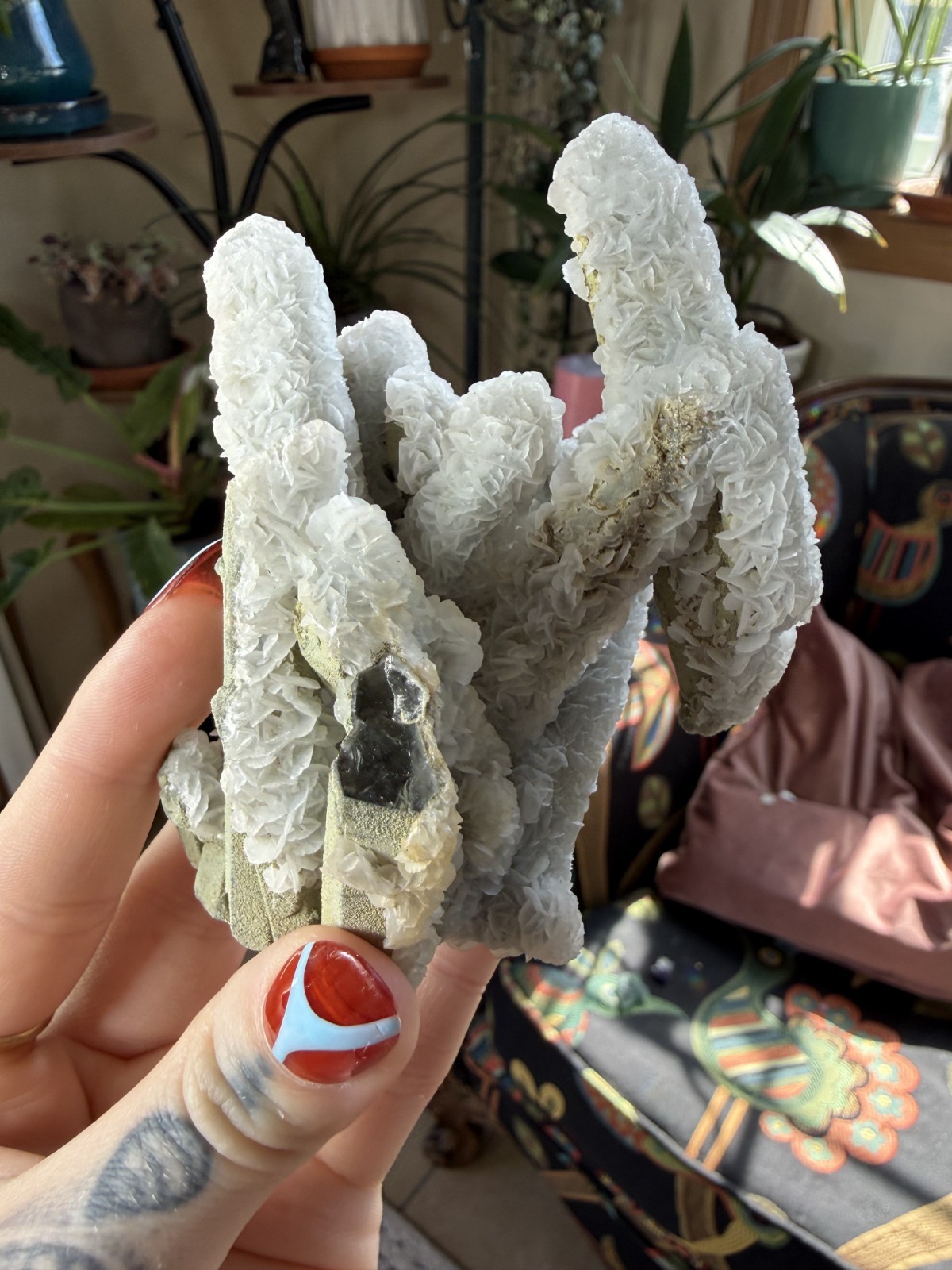 Green Chlorite Quartz Cluster with White Petal Calcite – Inner Mongolia, China