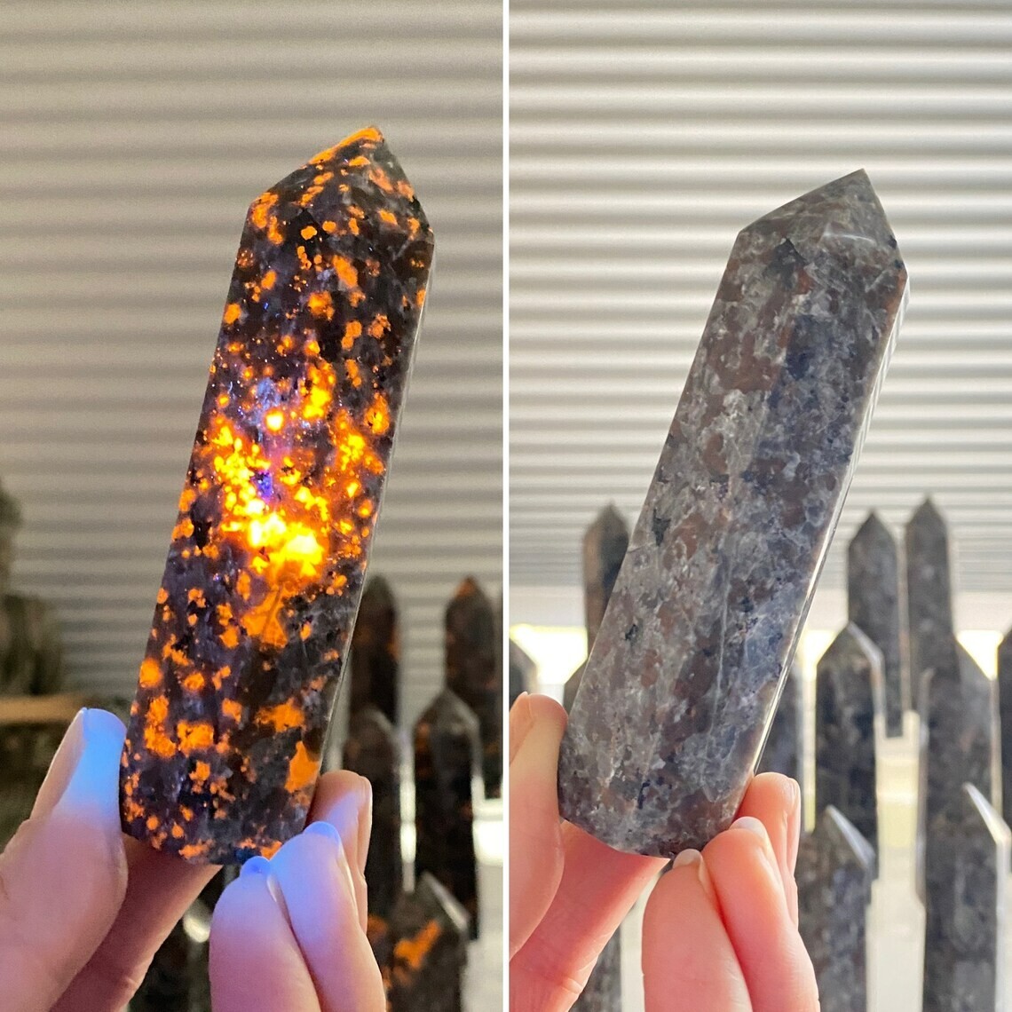 Natural Yooperlite Crystal Obelisk Tower Vibrant UV Reactive Quartz Collector