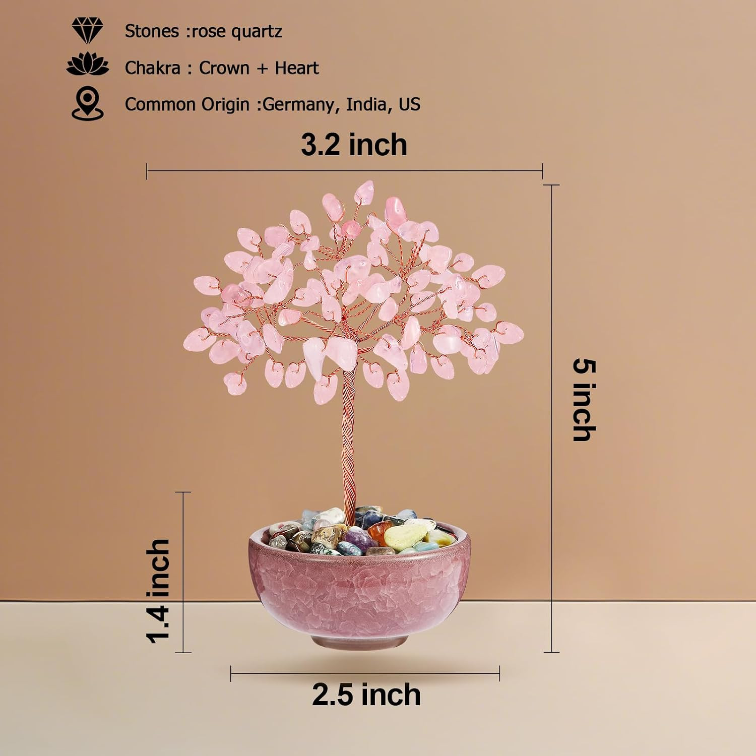 Handcrafted Rose Quartz Abundance Tree with Ceramic Base,5 Inch Natural Crystal