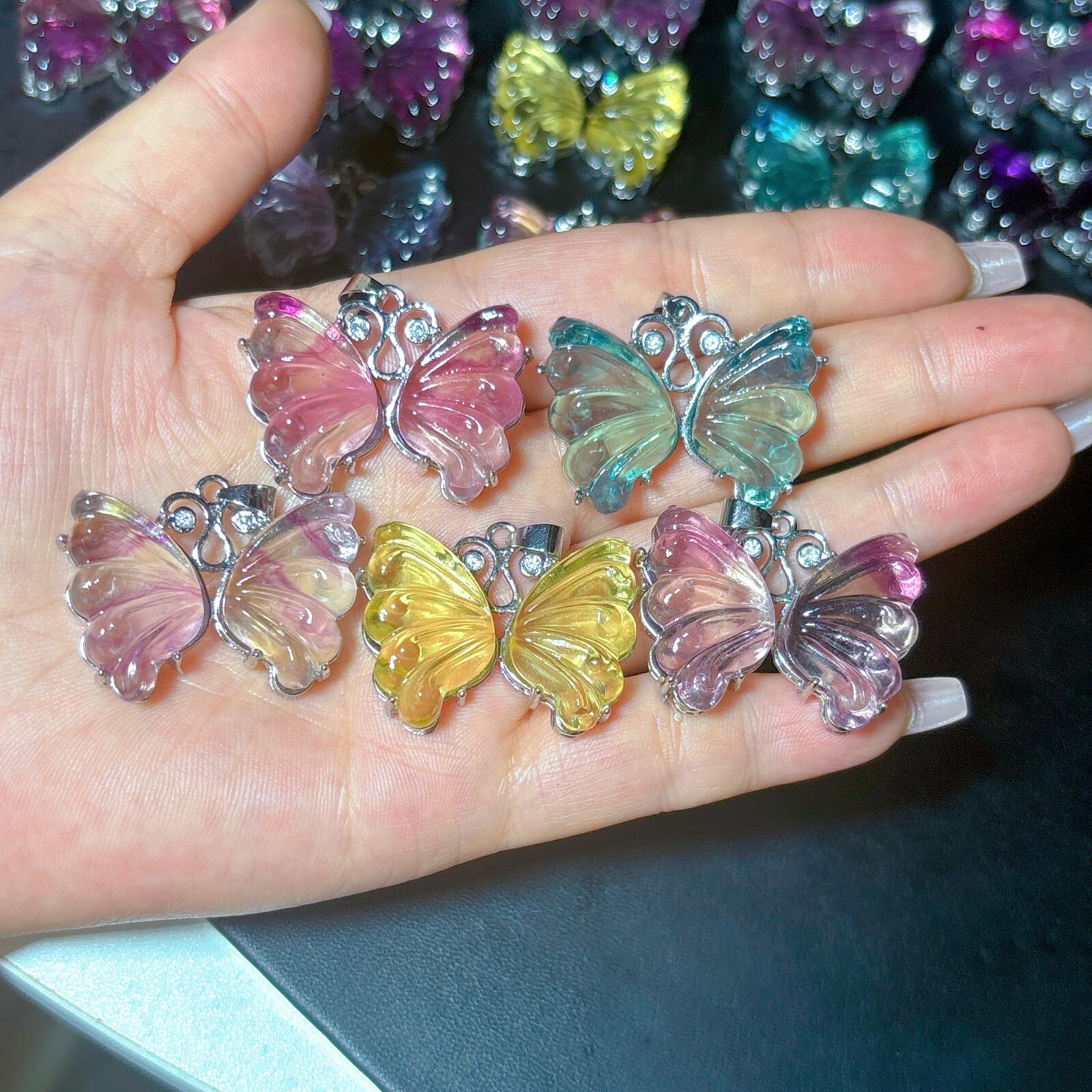 5pc Natural fluorite hand carve butterfly pendant quartz crystal reiki healing