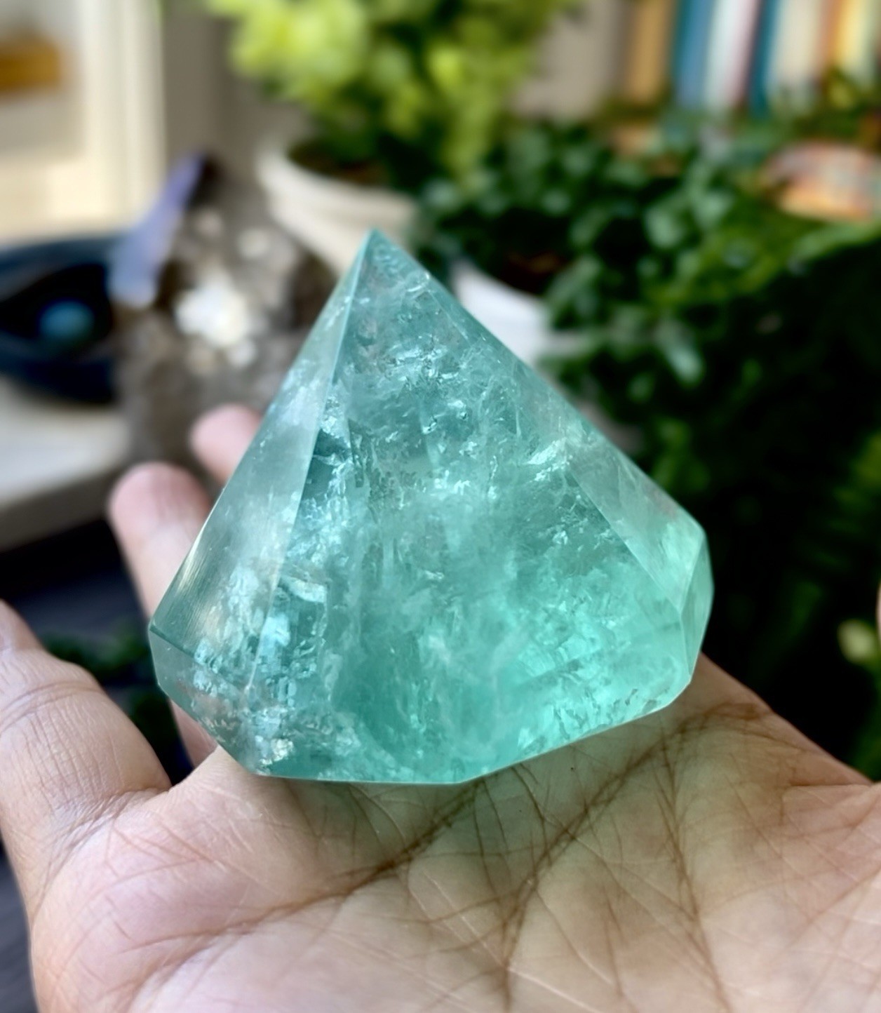 Rare Pure Teal Green Fluorite Diamond-Shape Carving Crystal Heart Chakra