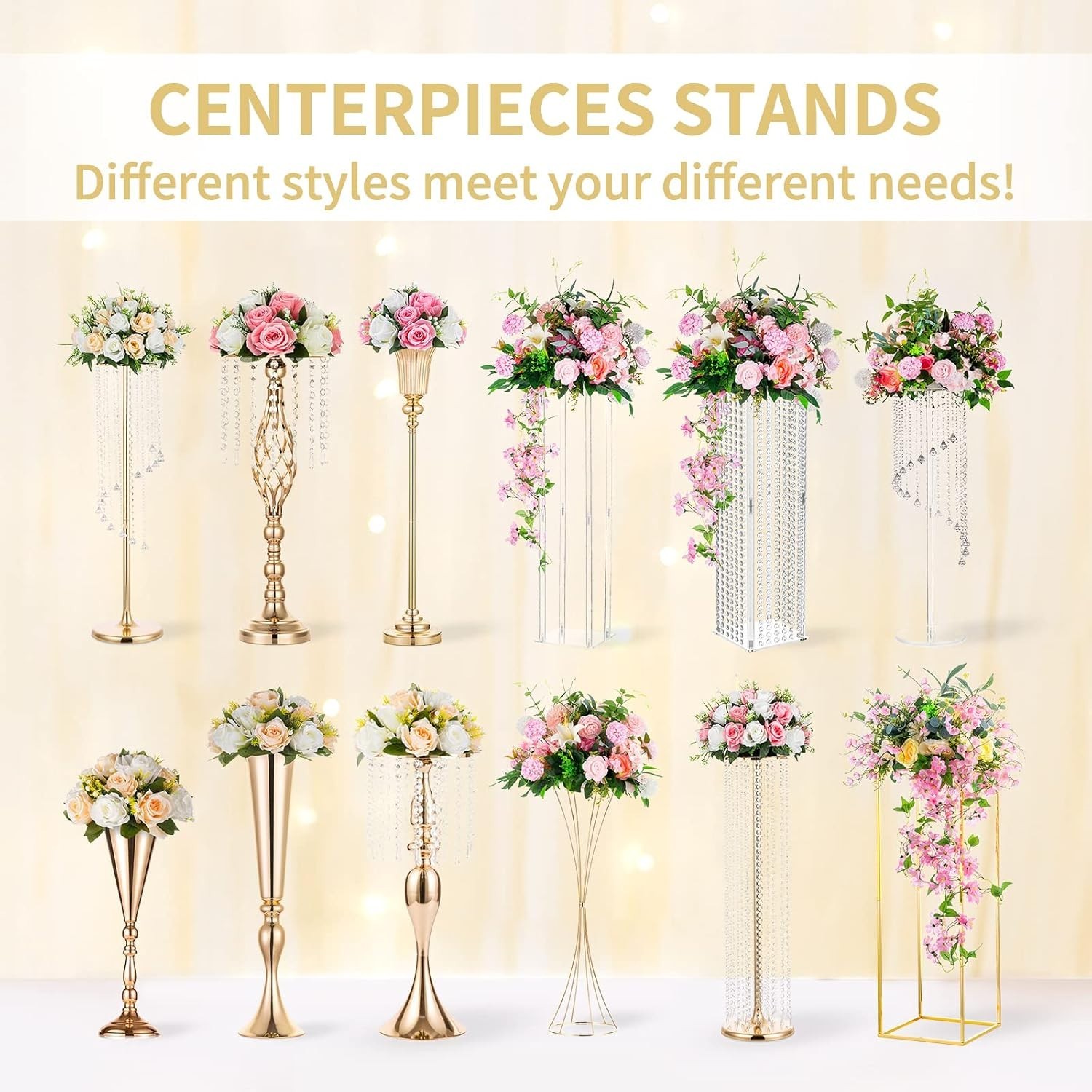 Modern Gold Metal Crystal Flower Holders – Perfect 21.3” Tall Centerpieces