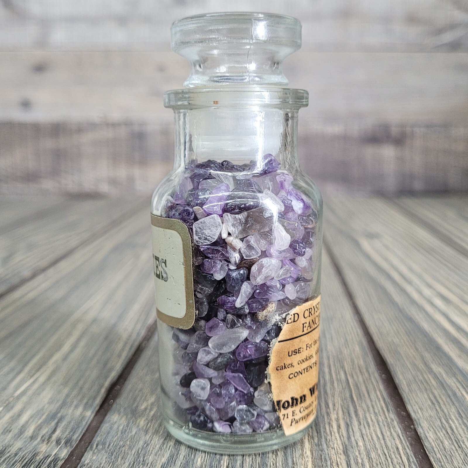 4oz Amethyst Crystal Chips in Apothecary Vintage Glass Jar “Fancies” Wagner