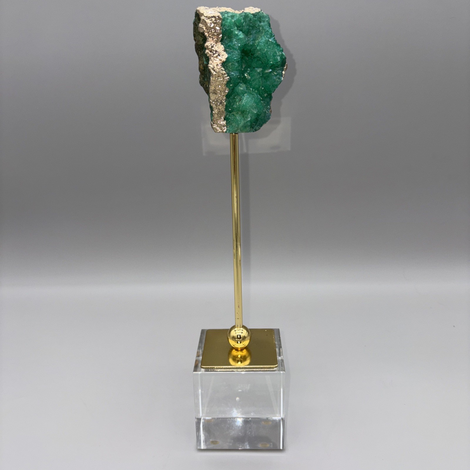 12.5″ Crystal Geode Sculpture Post Stand 12K Gold Plated Edge Acrylic Base Druzy