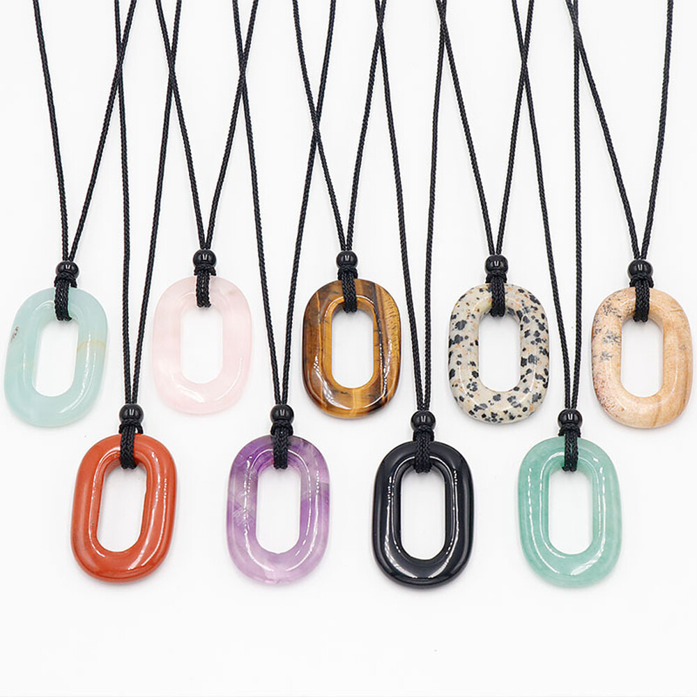 Hollowed Oval Necklace Natural Crystal O Shape Gemstone Pendant Carved Handmade