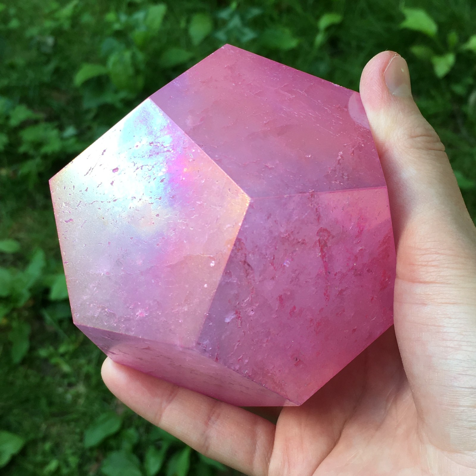 Pink Aura Quartz Dodecagon Sacred Geometry Crystal 12 Sided Heart Chakra Stone