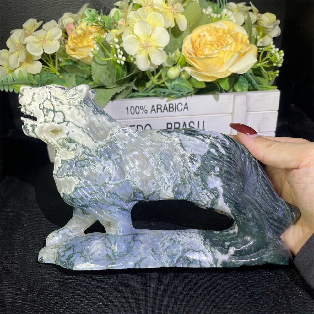 2.7LB 7.8″ Natural Moss Agate Wolf Statue Carving Crystal Heal Carved Decor