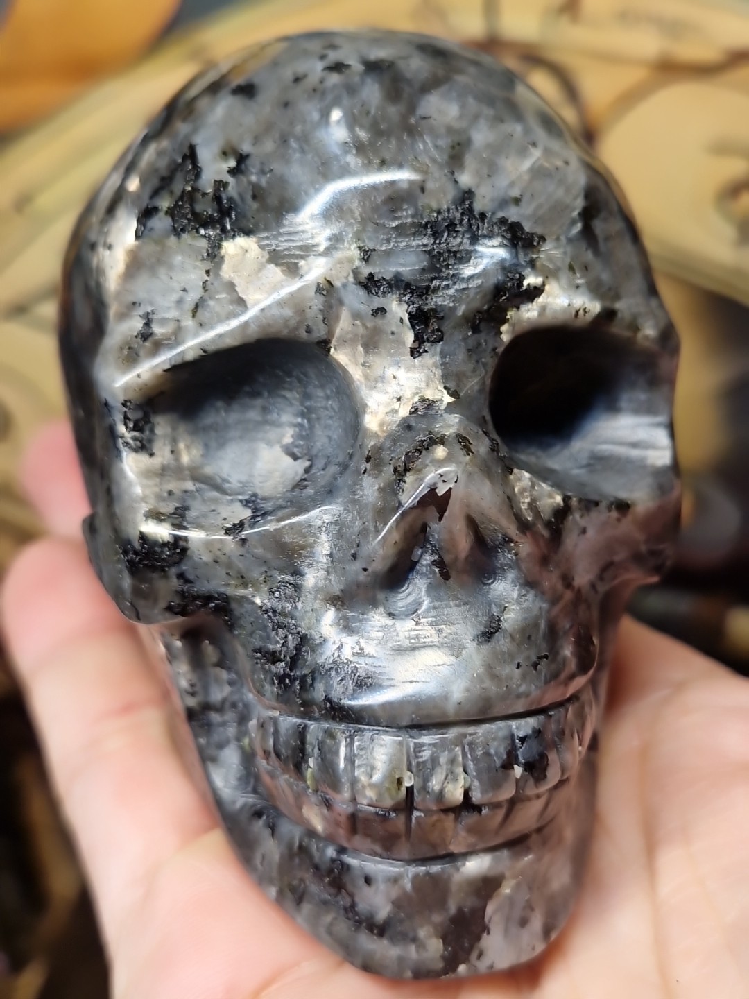 Lush Larvikite Aka Black Lab Crystal Human Skull 95x72mm 618g