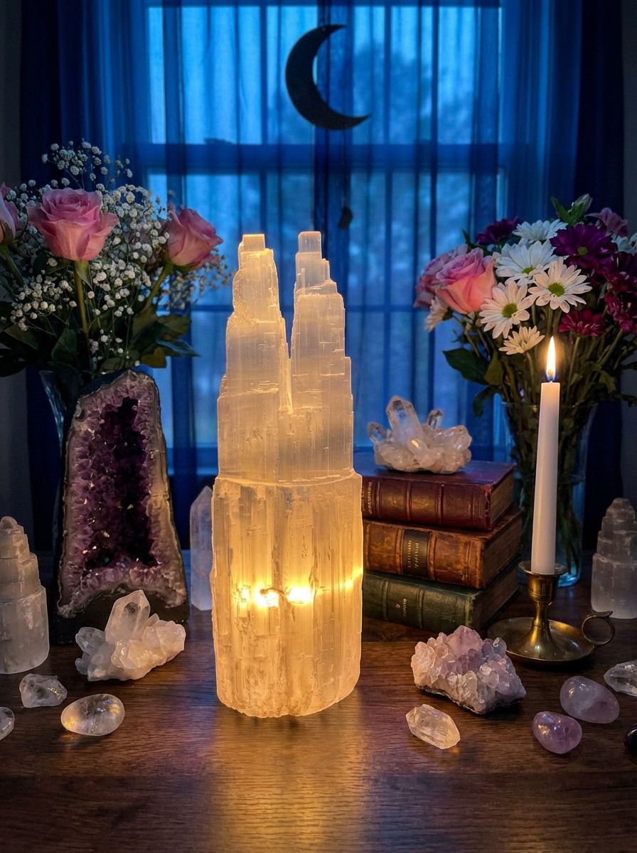 LARGE SELENITE CRYSTAL DOUBLE TOWER LAMP – STANDING DISPLAY HEALING CRYSTAL