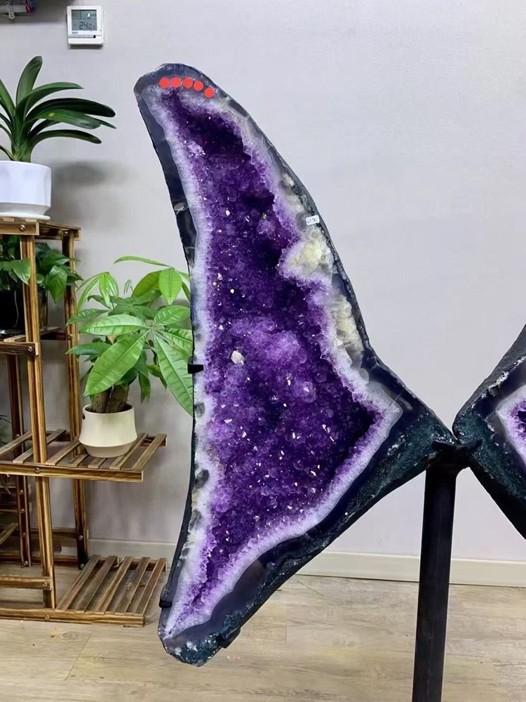 136LB Natural Amethyst Butterfly Geode Quartz Crystal Amethyst Cave + Stand